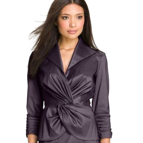 Tadashi Shoji Taffeta Twist Front Blouse Dramatic Wing Collar Slate Blue 14 - Picture 2 of 13